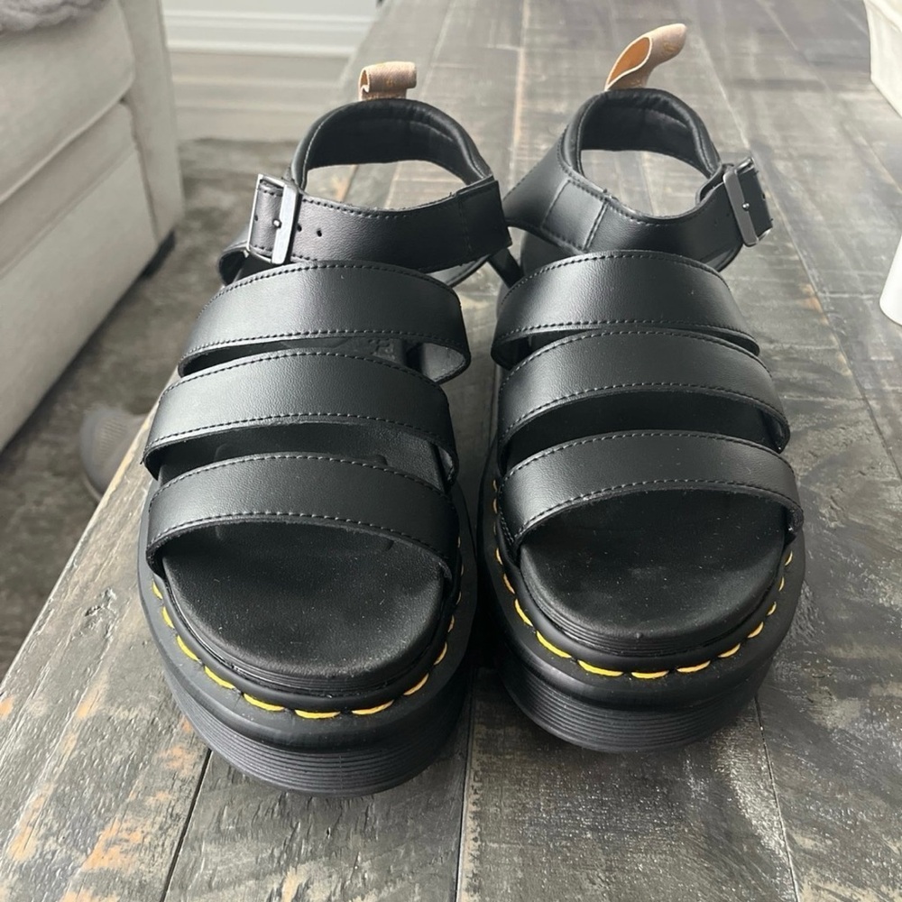 Black Strappy Sandals with Yellow Stitching